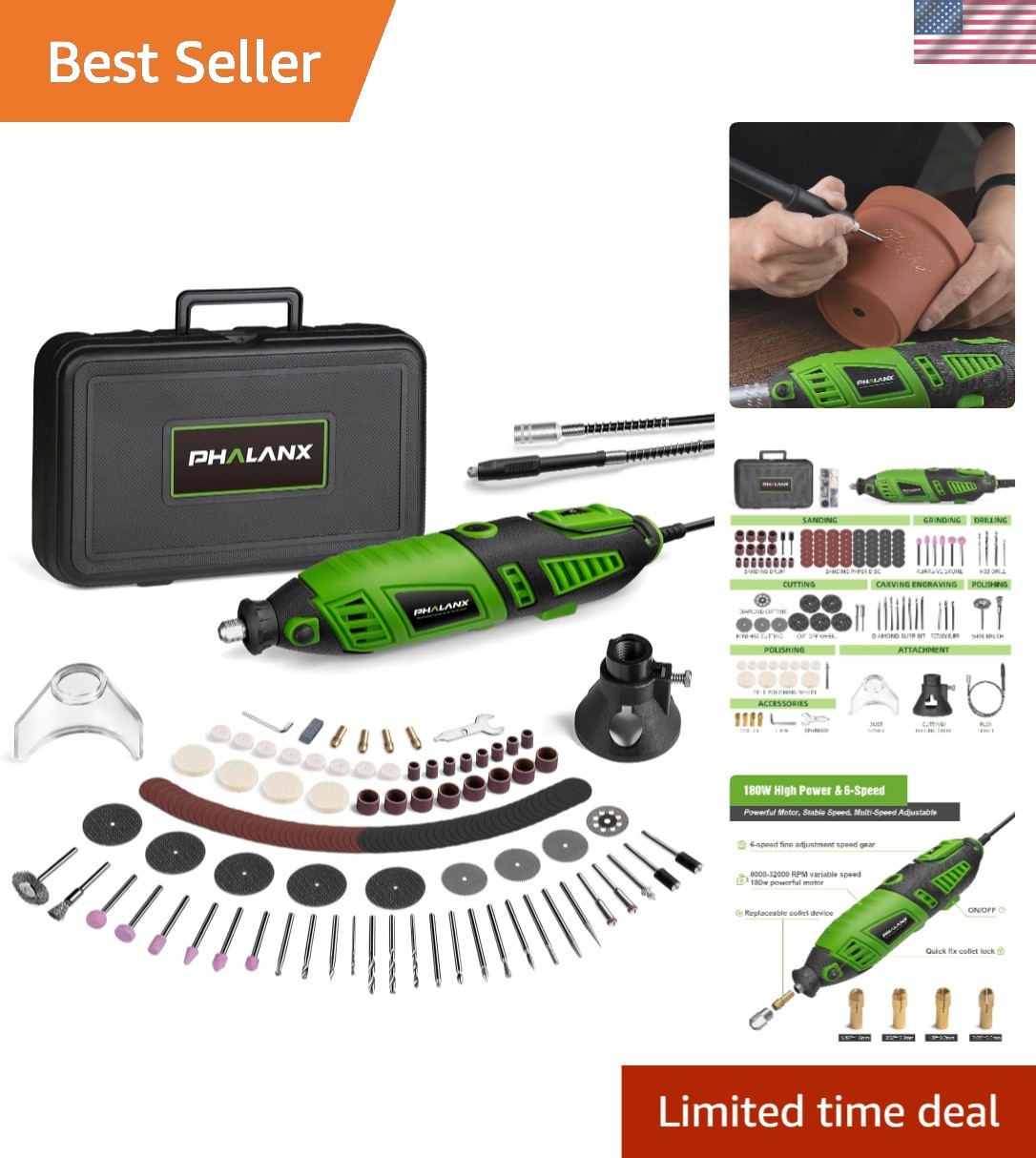 Multi-Use 180W Rotary Tool Kit with Flex Shaft & 6-Speed Control – Ideal for DIY