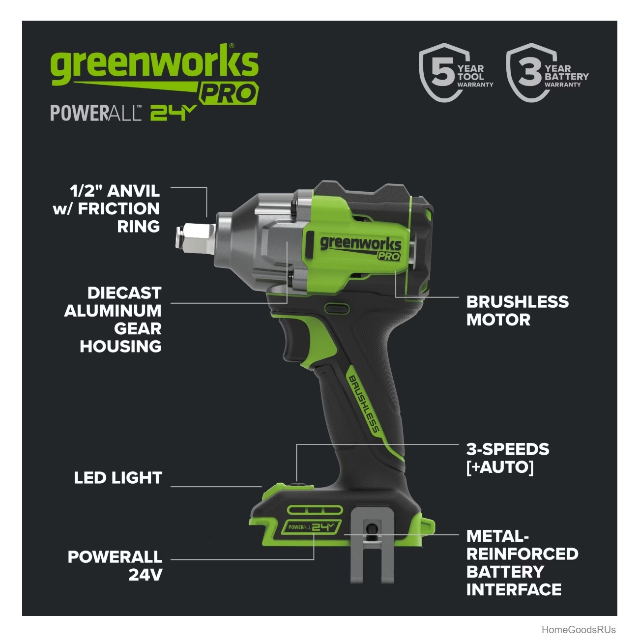 Cordless Impact Wrench 24V 400 Ft-lb Breakaway Torque 1/2 Inch Anvil Aluminum