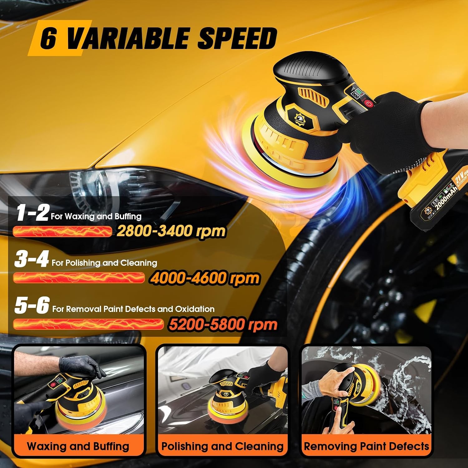 Cordless Car Buffer Polisher Kit 21V Yellow DA Polisher 2x Batteries Included