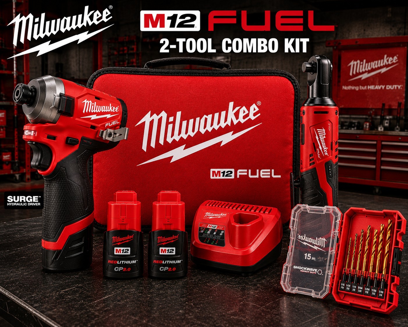 Milwaukee M12 FUEL SURGE Impact Driver & Ratchet Kit 2551-22 2457-20 Bit Set