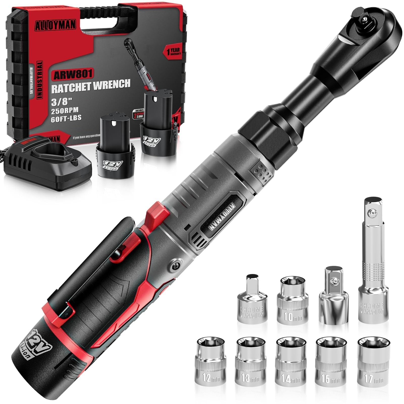 3/8&Prime; Cordless Ratchet Wrench, 60 FT-LBS(80N.M), 12V Extended Reach