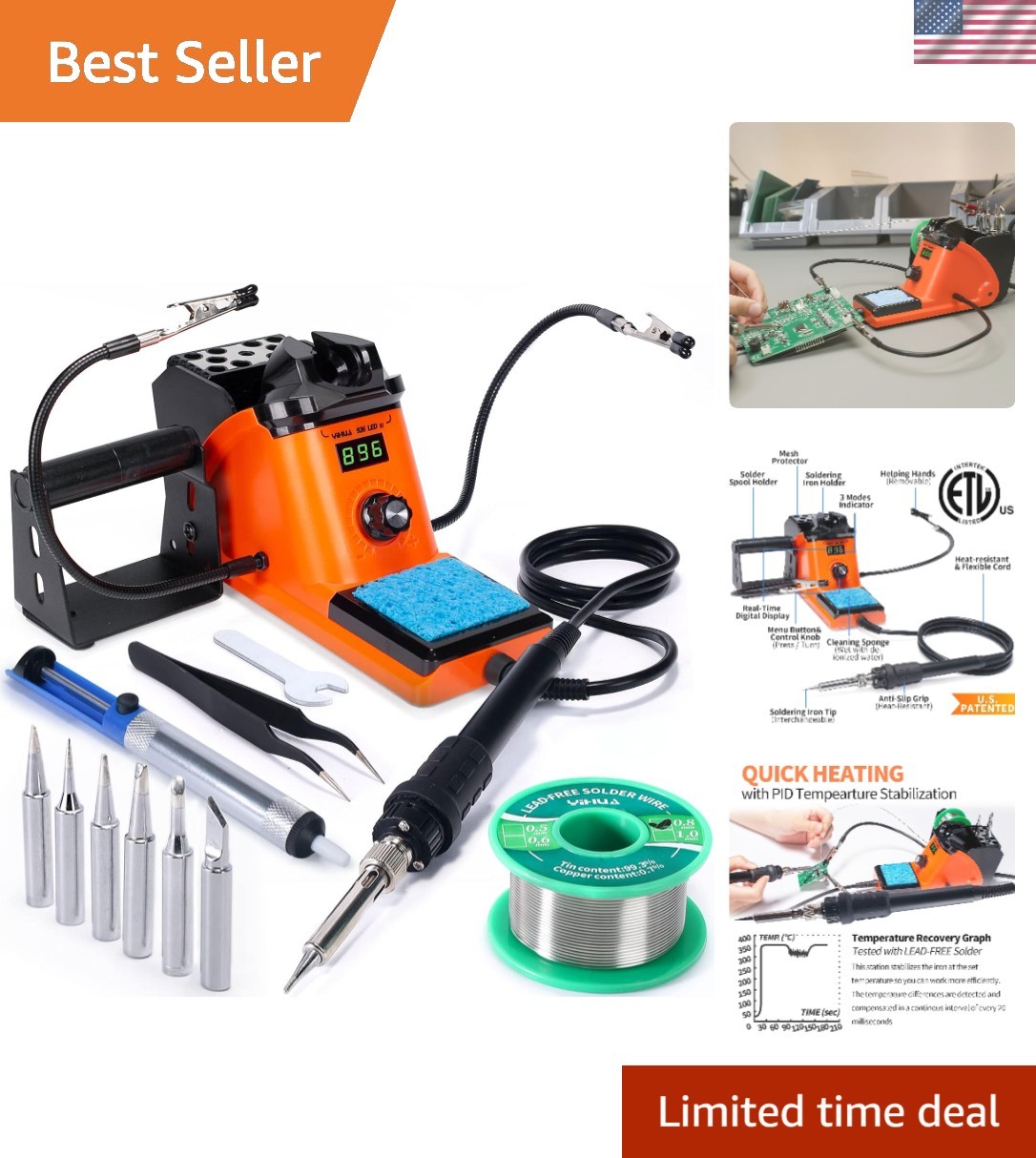 926 III 60W LED Display Soldering Iron Station Kit w 2 Helping Hands, 6 Extra…