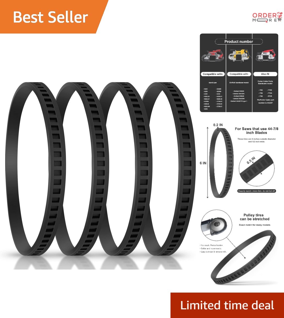4 Pack Rubber Tires 6&Prime; Deep Cut Band Saw Parts Replacement No Adhesive Needed