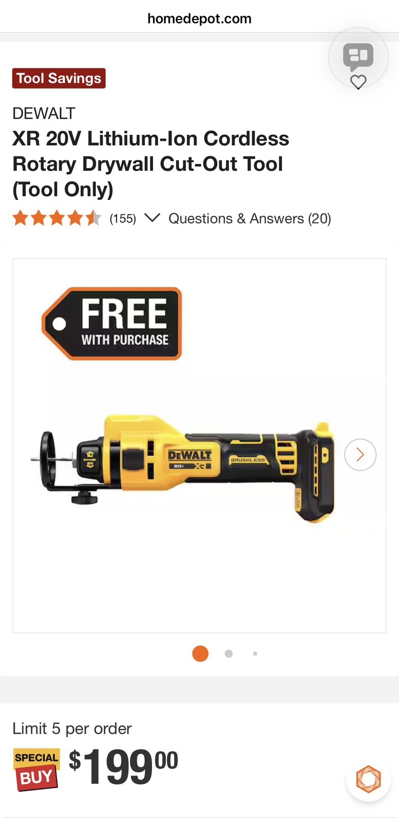 DEWALT XR 20V Lithium-Ion Cordless Rotary Drywall Cut-Out Tool (Tool Only)
