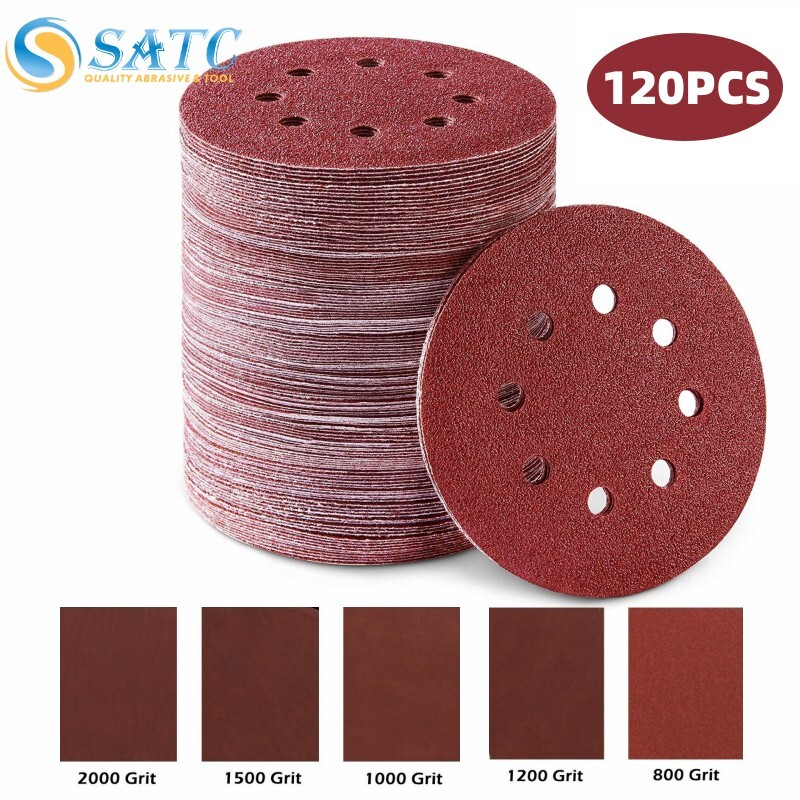 120 PCS 5&Prime; Sandpaper Discs Assorted Grits Hook & Loop Orbital 8 Hole Sand Disc