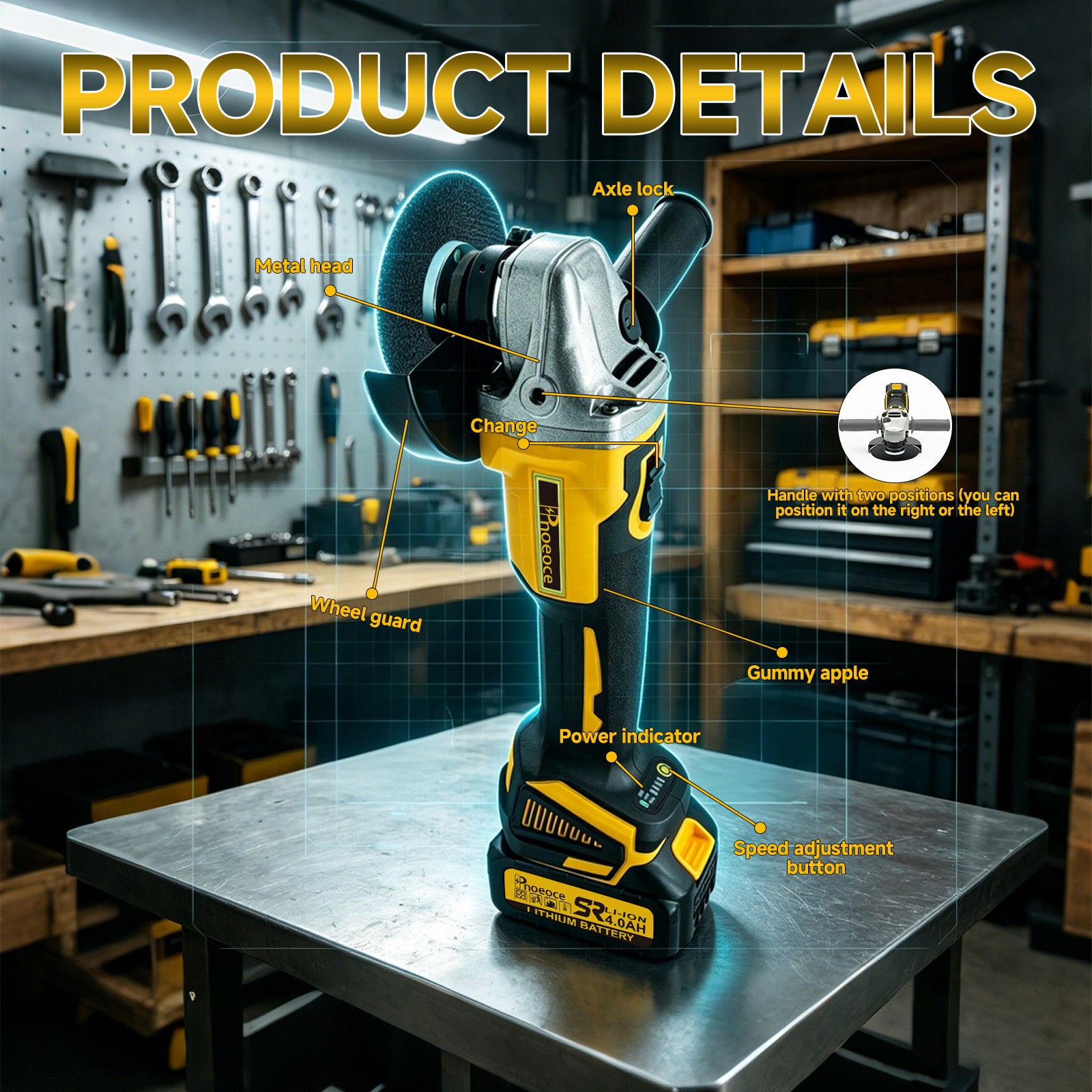 Cordless Angle Motor Grinder 3/8&Prime; 21V Brushless Kit with 1×4.0Ah Battery Charger