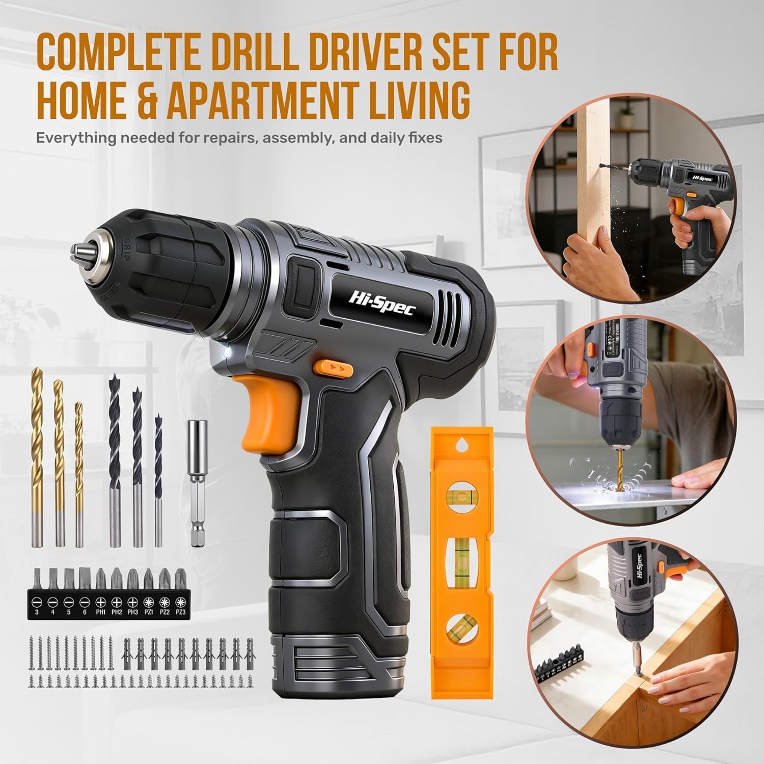 Hi-Spec 8V Cordless Drill Driver Kit USB Rechargeable DIY Bit Set Grey