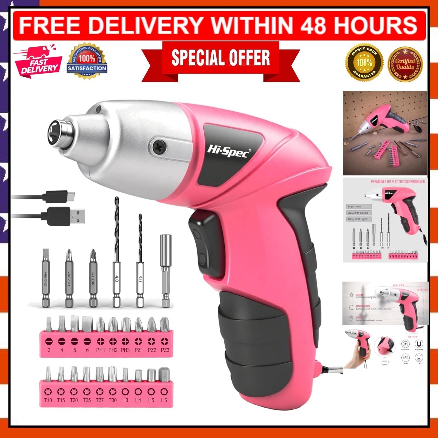 Portable USB-Powered Pink Screwdriver – 3.6V with 26 Driver Bits for Quick Fixes