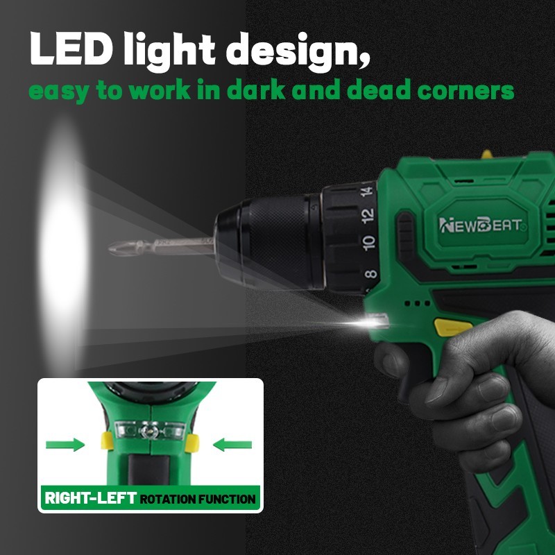 NEWBEAT 12V Brushless Power Drill Driver Set 3/8&Prime; Chuck 0-1500RPM 2 Li-ion Batte