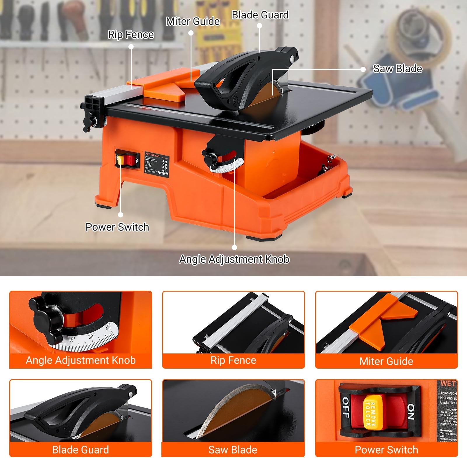 7 inch Wet Tile Saw Pure Copper Motor 0-45 Degree 6500 RPM Tile & Stone Cutting