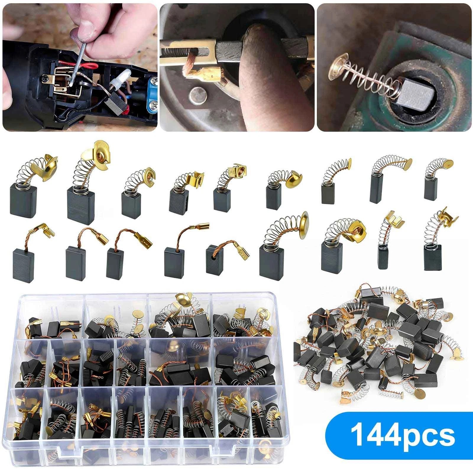 144PCS 18 Sizes Electric Motor Carbon Brushes Set for Angle Grinder Power Tools
