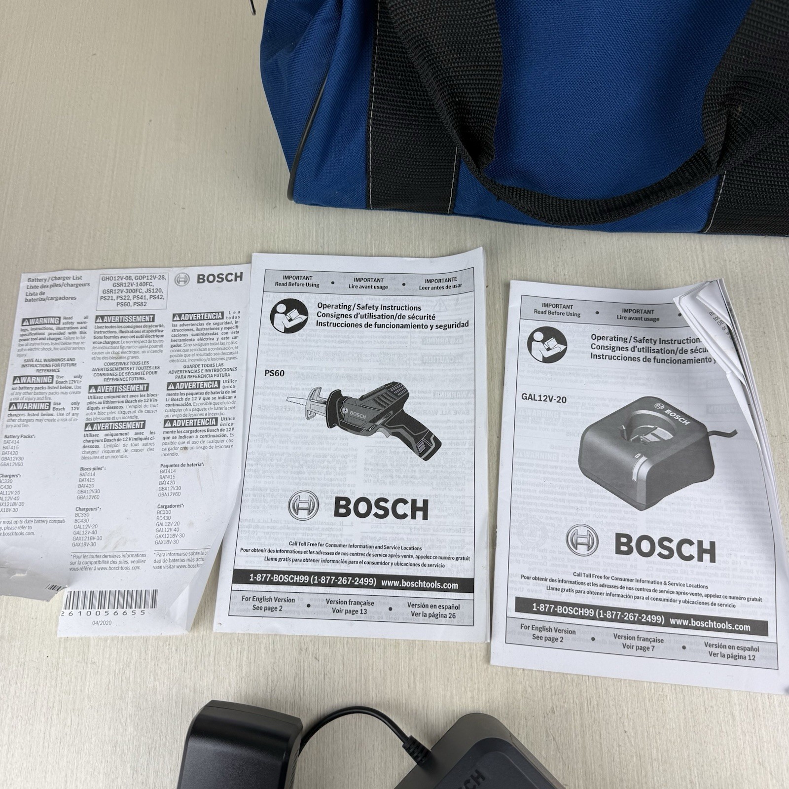 BOSCH PS60 Cordless Recip Saw W/GAL12V-20 Charger, 2 Batteries, & Bag