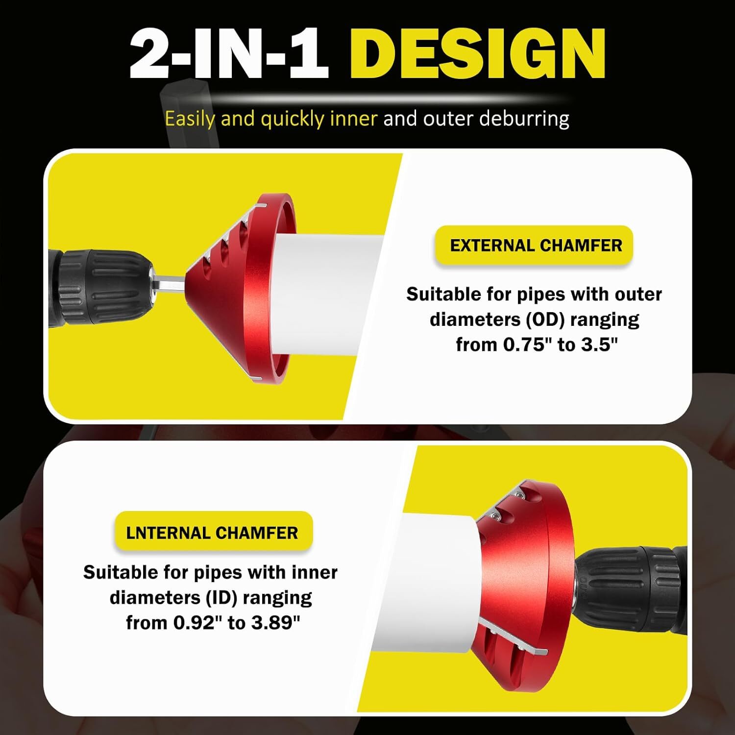 PVC Deburring Tool 2 In 1 for 0.75&Prime; to 3.89&Prime; CPVC ABS PP PE Pipe Chamfer Reamer