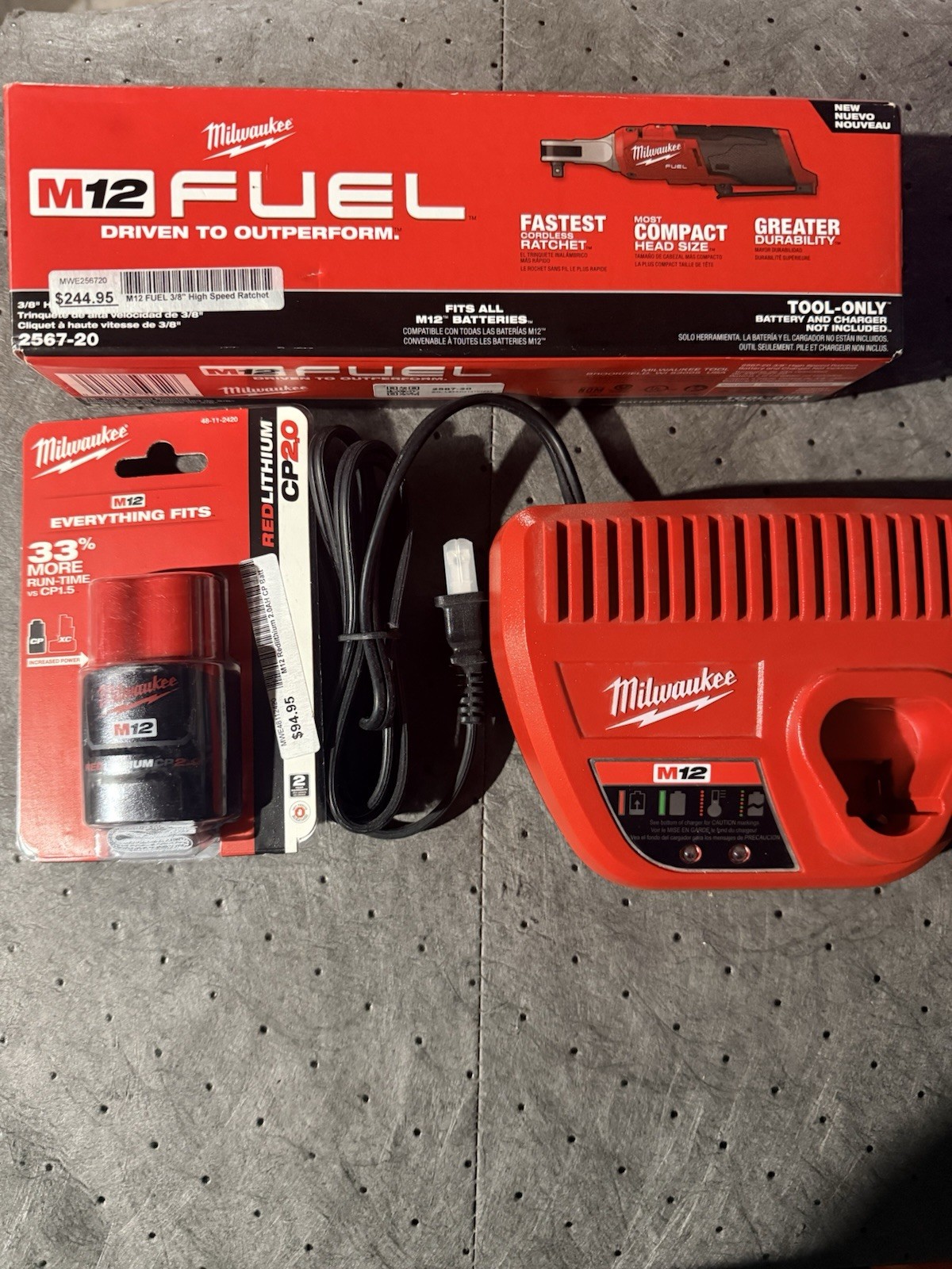 Milwaukee M12 FUEL 2567-20 Impact Wrench Set, 12V Li-Ion, 2.0Ah Battery, Charger