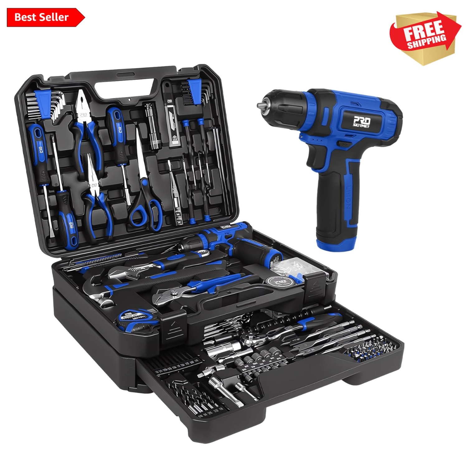 Durable 369-Piece Home Tool Set Includes 8V Cordless Drill & Drawer Case