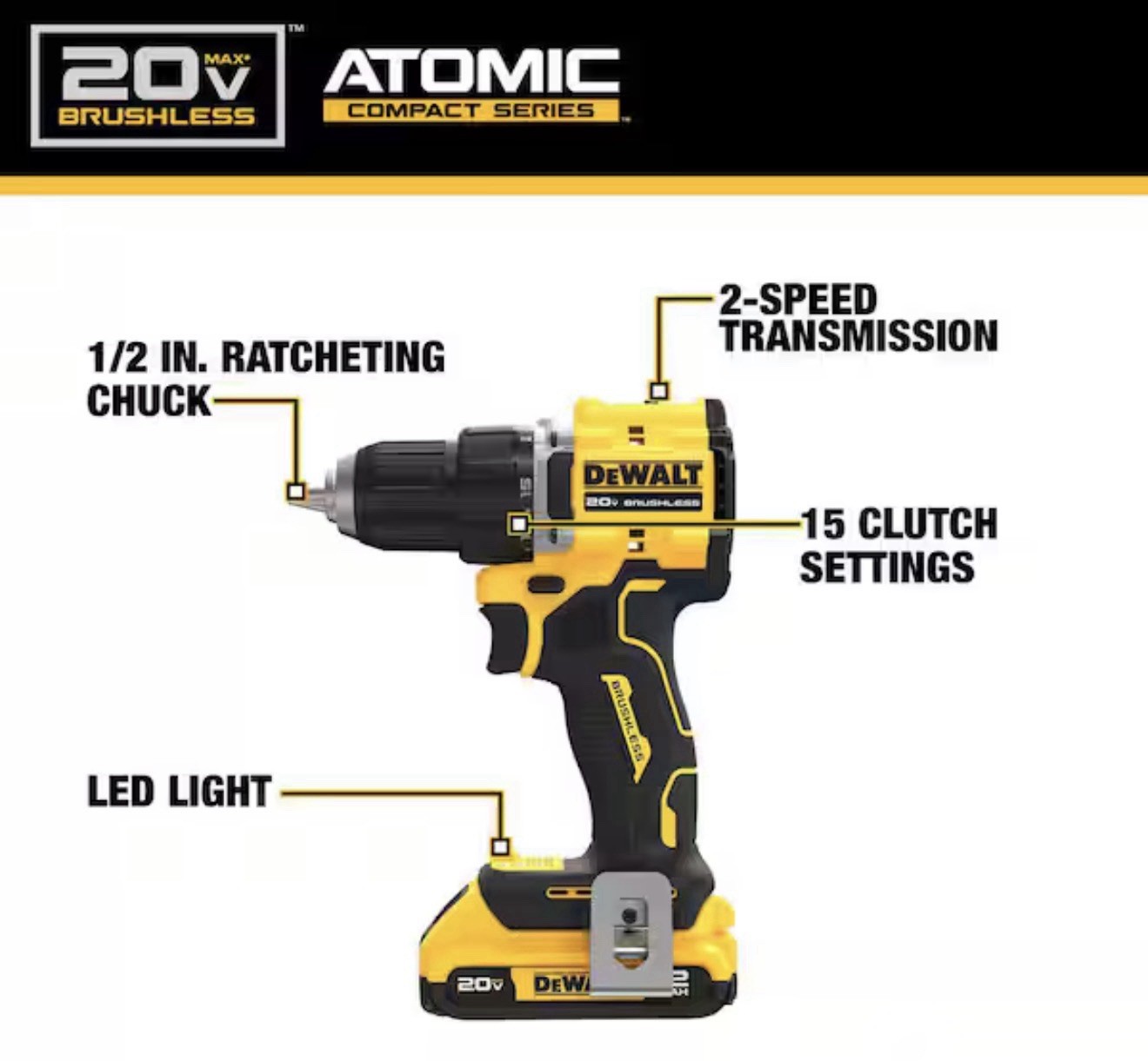 DeWalt DCD794D1 ATOMIC COMPACT SERIES 20V MAX* Brushless Cordless 1/2 in. Drill