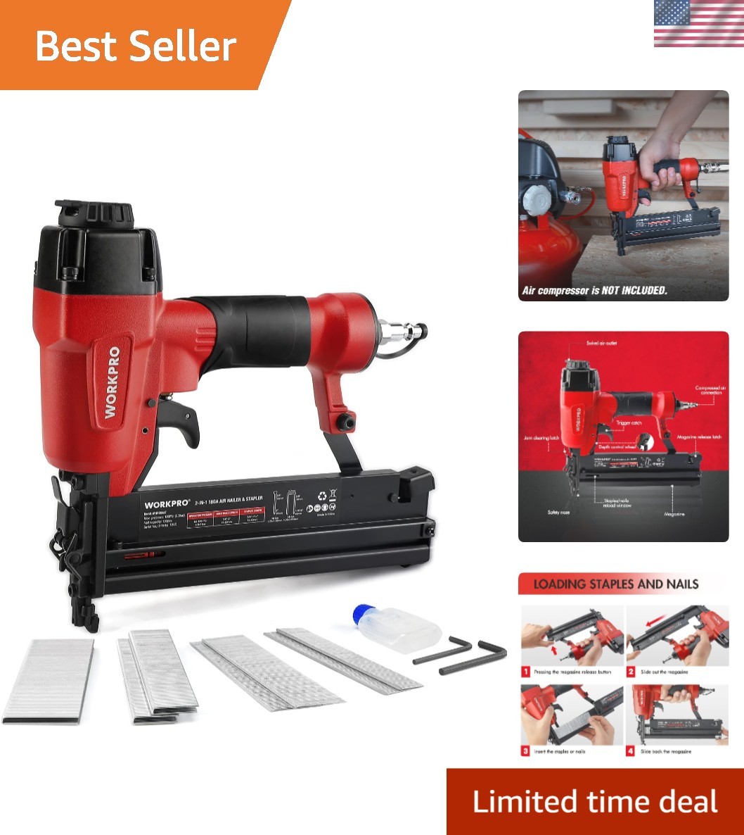 WORKPRO Pneumatic Brad Nailer- 2in1 Nail Gun and Crown Stapler w/ nails/staples