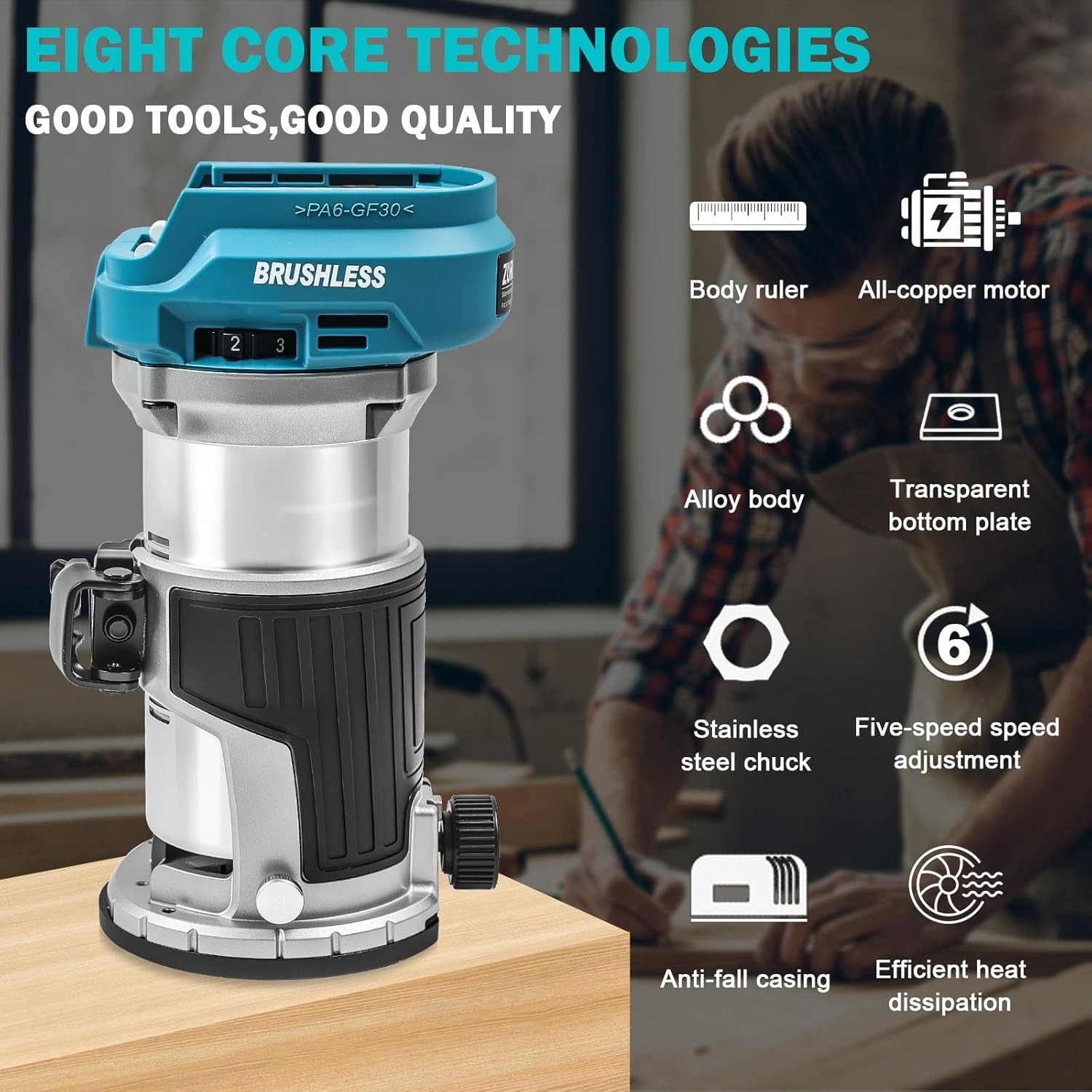 Cordless Compact Wood Router for Makita 18V Battery(Bare Tool), Carving 1/4&Prime; Col