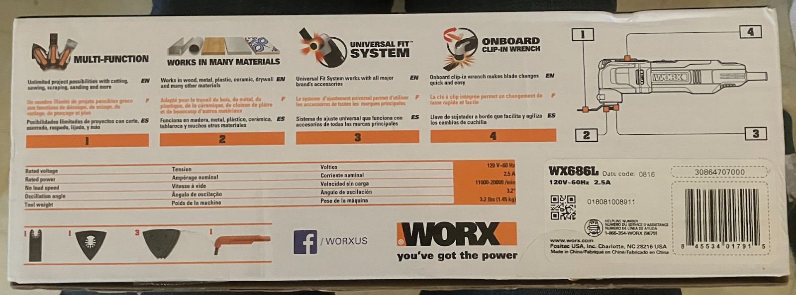 WORX WX686L 2.5A Oscillating Multi-Tool with Onboard clip-in wrench