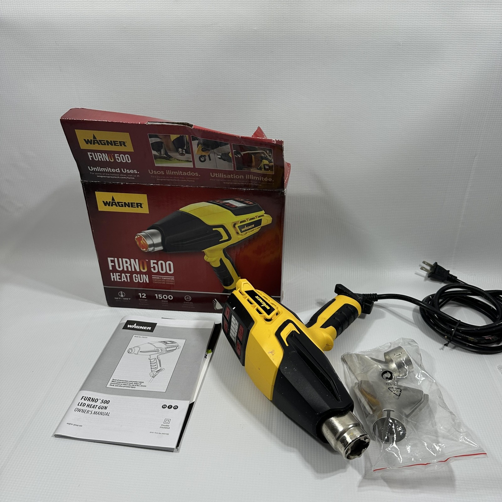 Wagner Furno 500 Heat Gun LED Display Variable Temp 1500W Yellow Nozzles