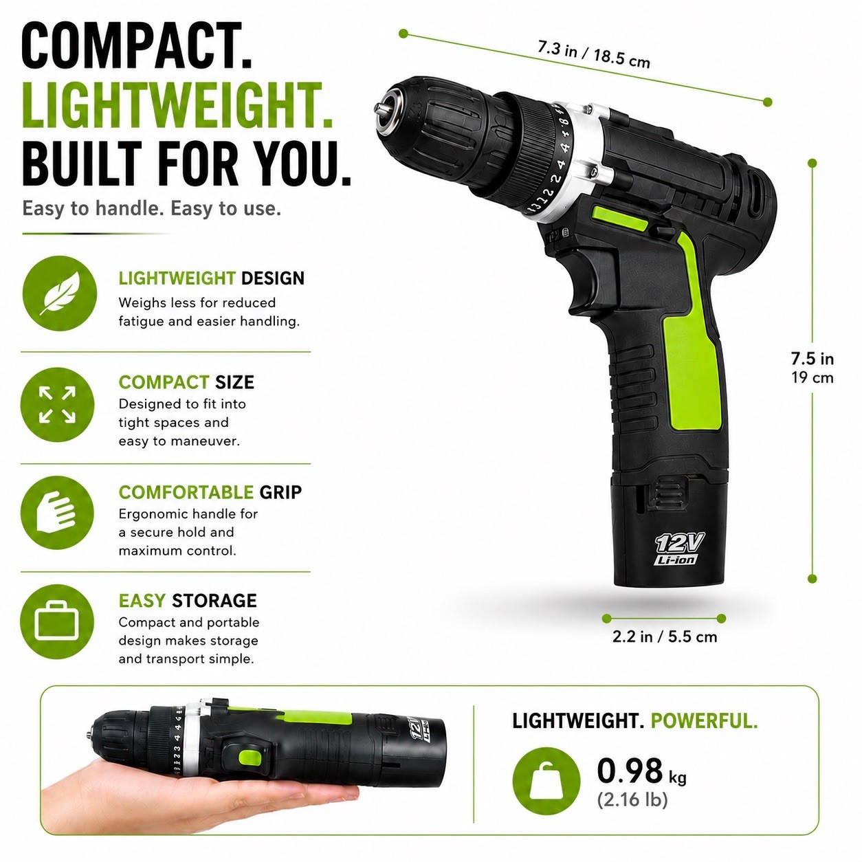 12v cordless drill Driver Kit With Battery, Charger Y Carry Case 2 Speed