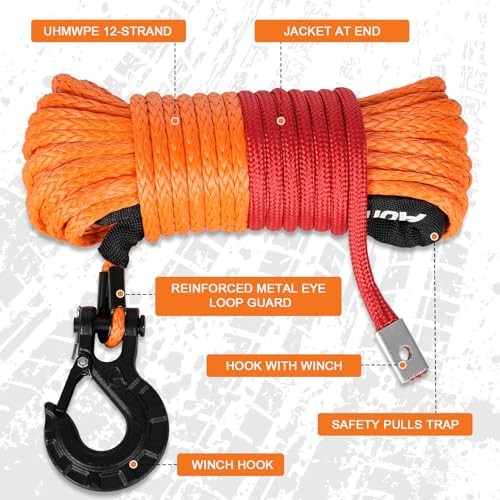 Synthetic Winch Rope,1/4&Prime; x 50 ft 10000Lbs Winch Rope Line, Synthetic Winch