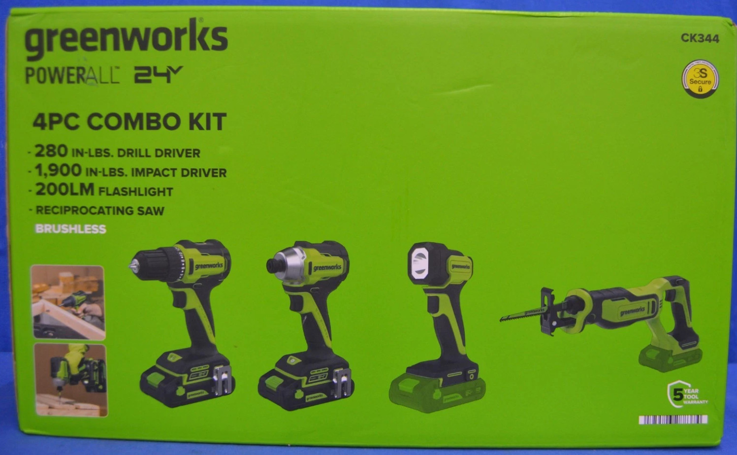 Greenworks 24V 4 Tool Combo Kit Drill Driver Impact Saw Light CK344 FREE SHIPPIN