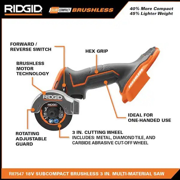 RIDGID R87547B 18V BRUSHLESS Multi-Material Saw Cutting Sub-Compact 3&Prime; Cordless