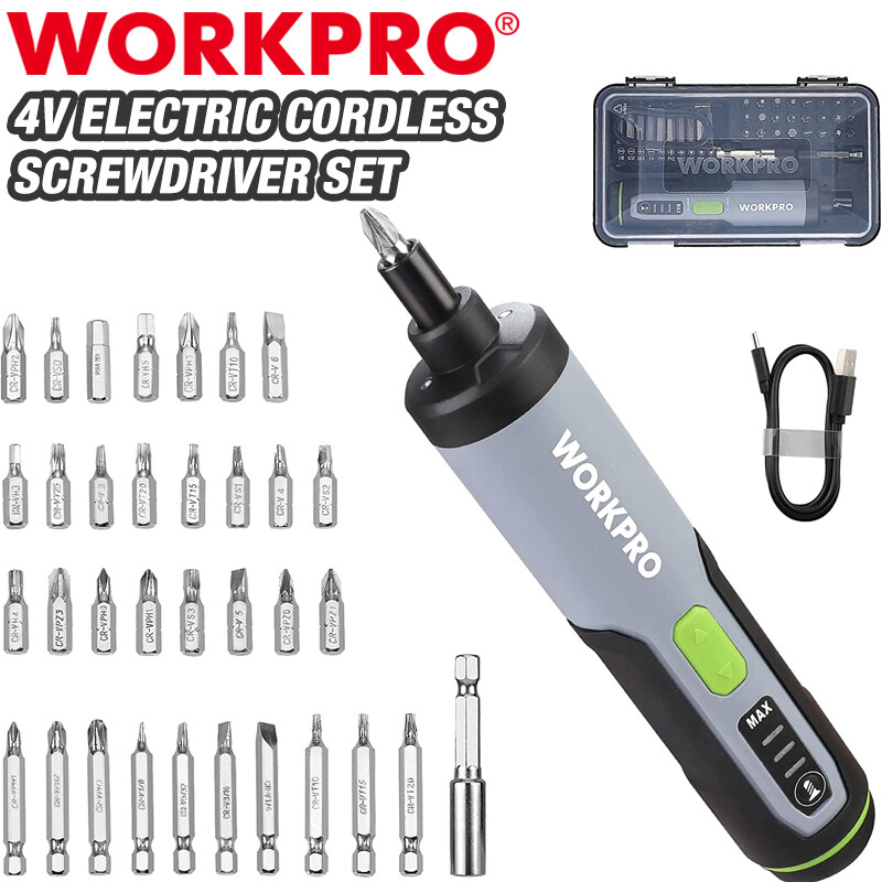 WORKPRO 4V Rechargeable Cordless Electric Screwdriver Sets 35 Bits Extension Rod