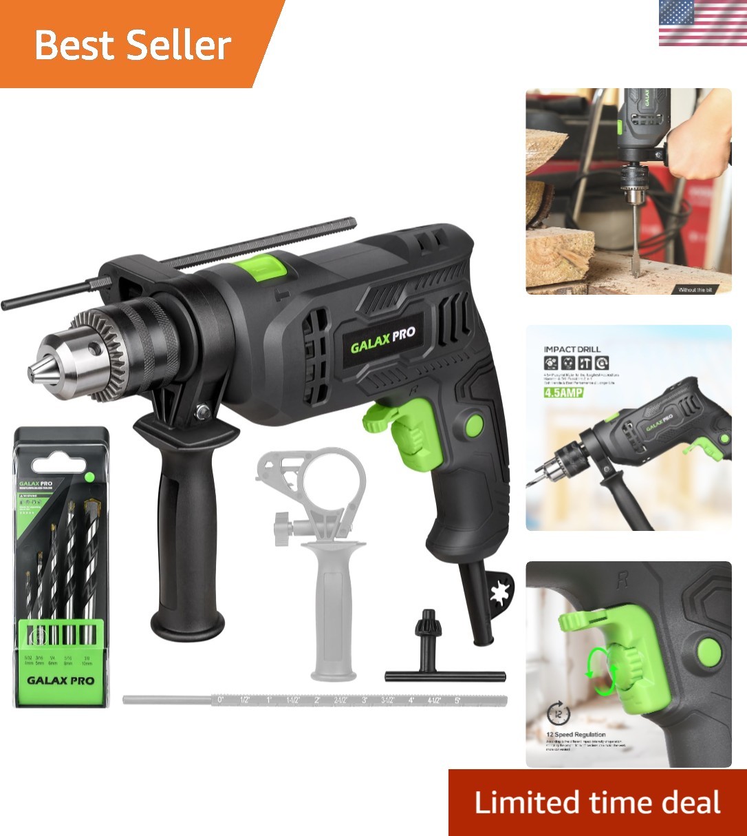 4.5Amp Corded Hammer Drill 3000RPM with 5pcs Bits, 1/2 Inch Keyed Metal Chuck…