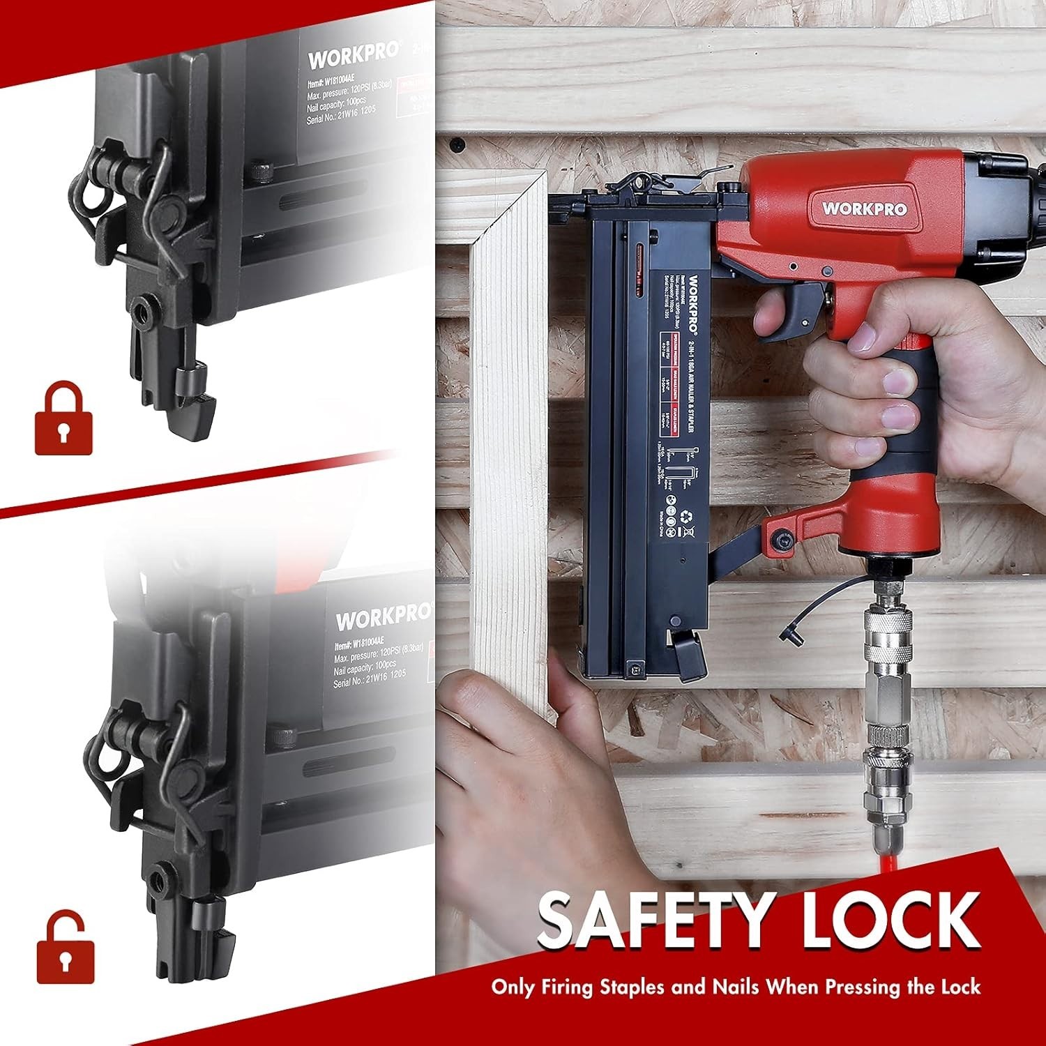 WORKPRO Pneumatic Brad Nailer- 2in1 Nail Gun and Crown Stapler w/ nails/staples