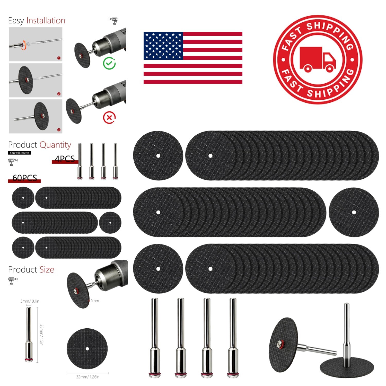 Rotary Tool Cut Off Wheels 60 Pcs 1.25 Inch with 4 Pcs Mandrels Included