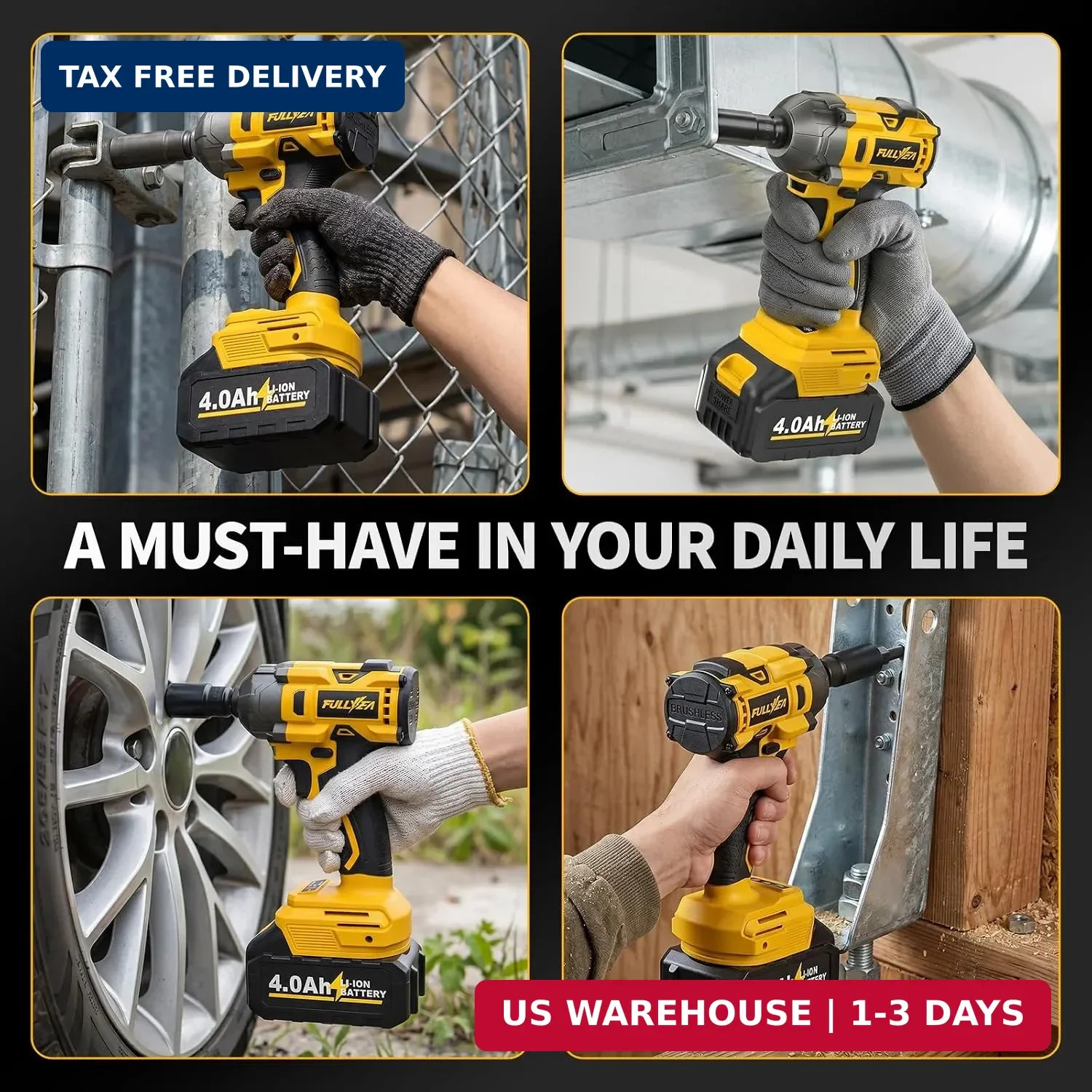 FULLYEA Cordless Impact Wrench 1/2, Max 550N. M/406Ft-lbs High Torque Brushless