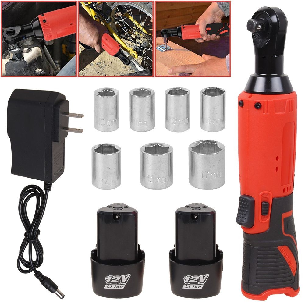 3/8&Prime; Cordless Ratchet Right Angle Wrench Impact Power Tool 2 Battery & 7 Socket
