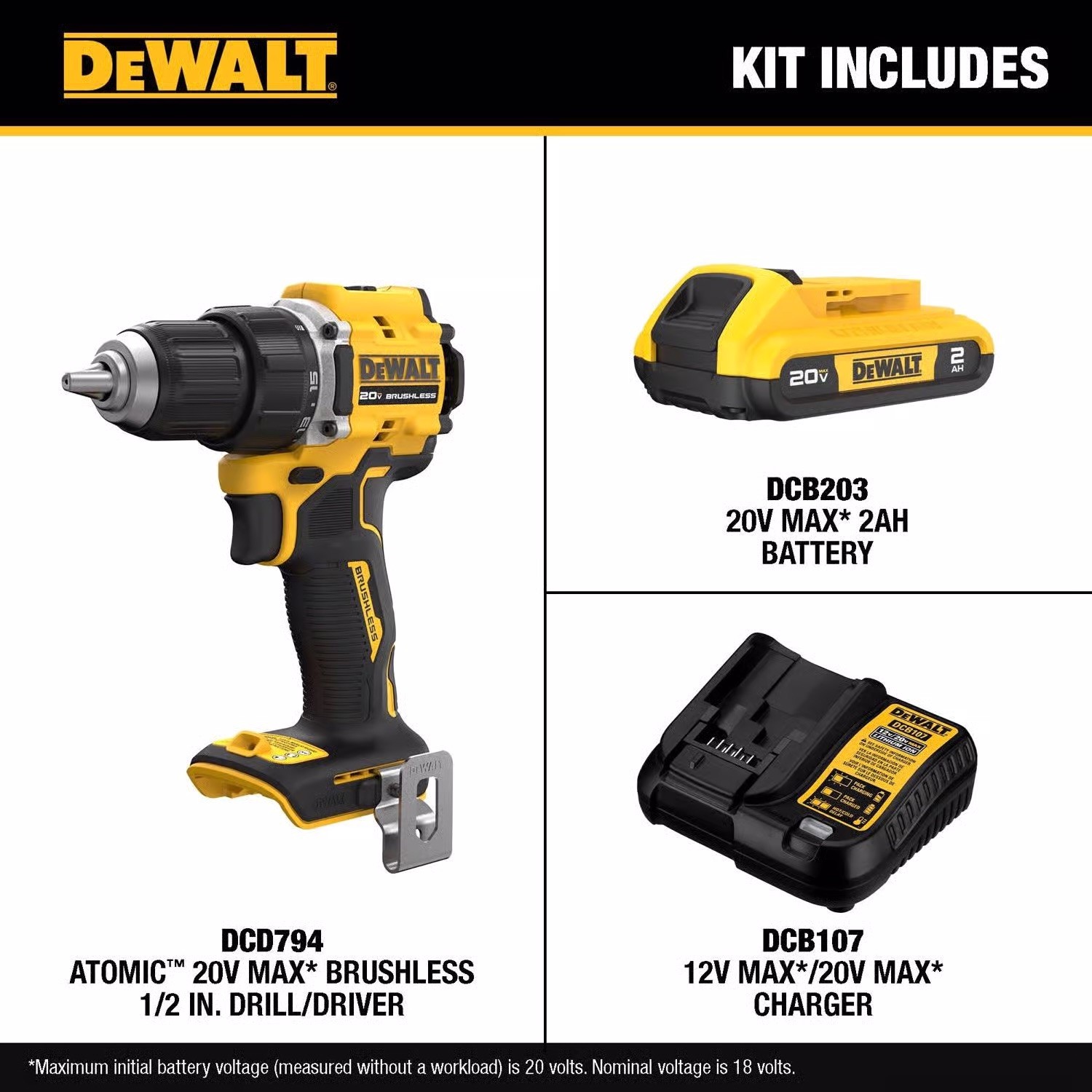 Dewalt 20v Atomic 1/2 Drill Kit With Battery Charger And Case