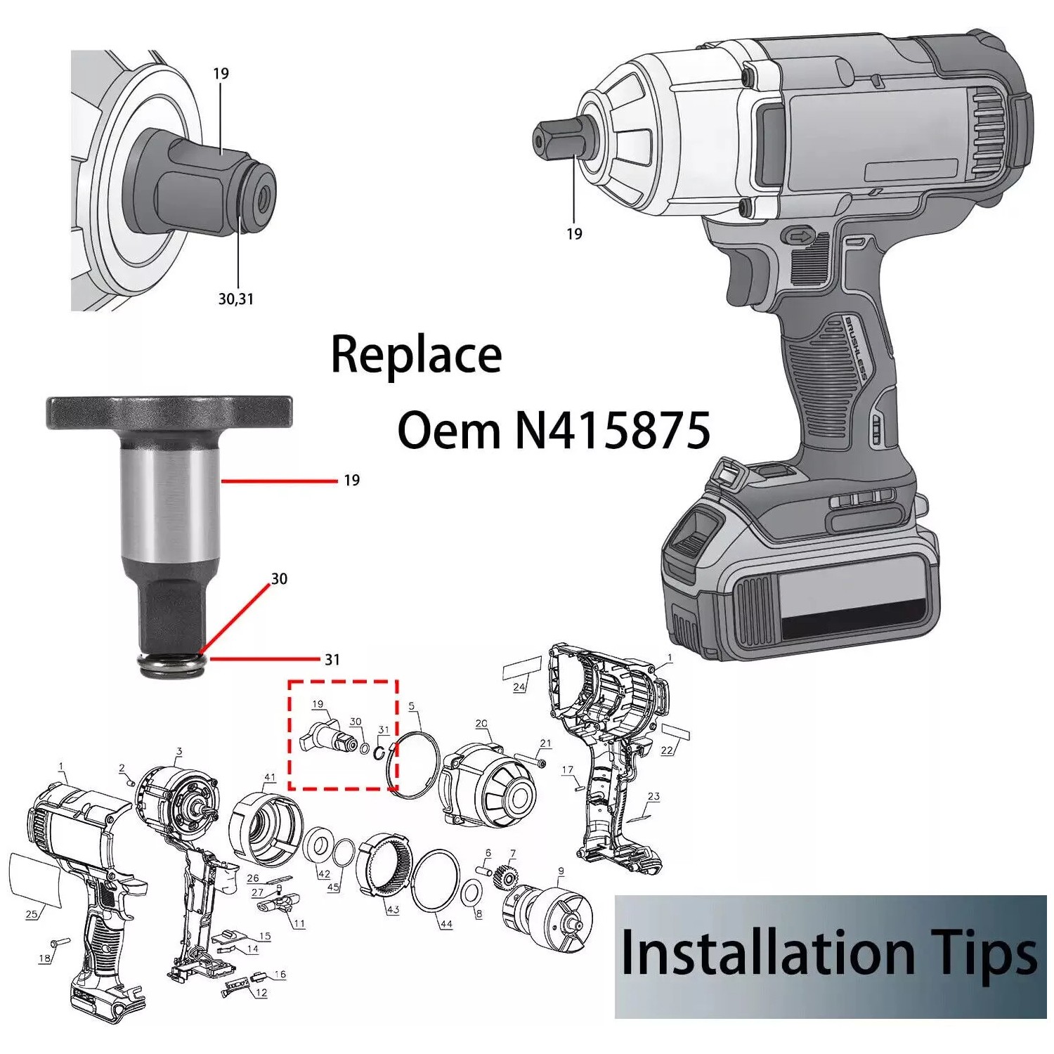 Impact Wrench Anvil Assembly 1/2 » For 18V 20V MAX DCF899HB DCF899HP2