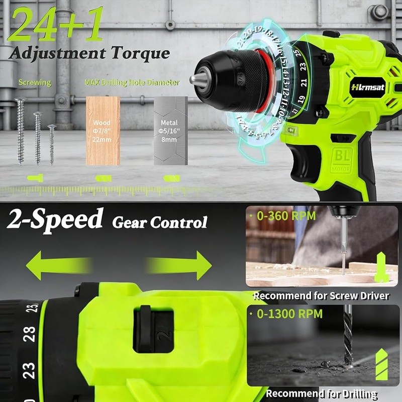 20V Brushless Cordless Drill Tool Set W/ 2Ah Battery 50Nm Torque 24 1 Gear New