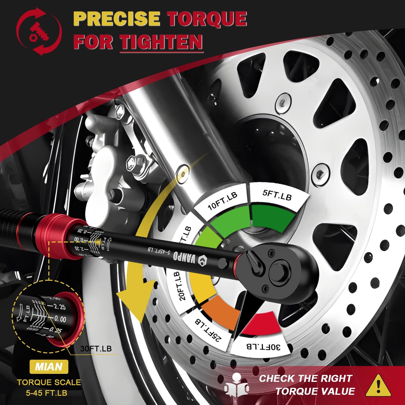 VANPO 3/8-inch Drive Click Torque 3/8-Inch(5-45 Ft-Lb/6.8-61 Nm), Black
