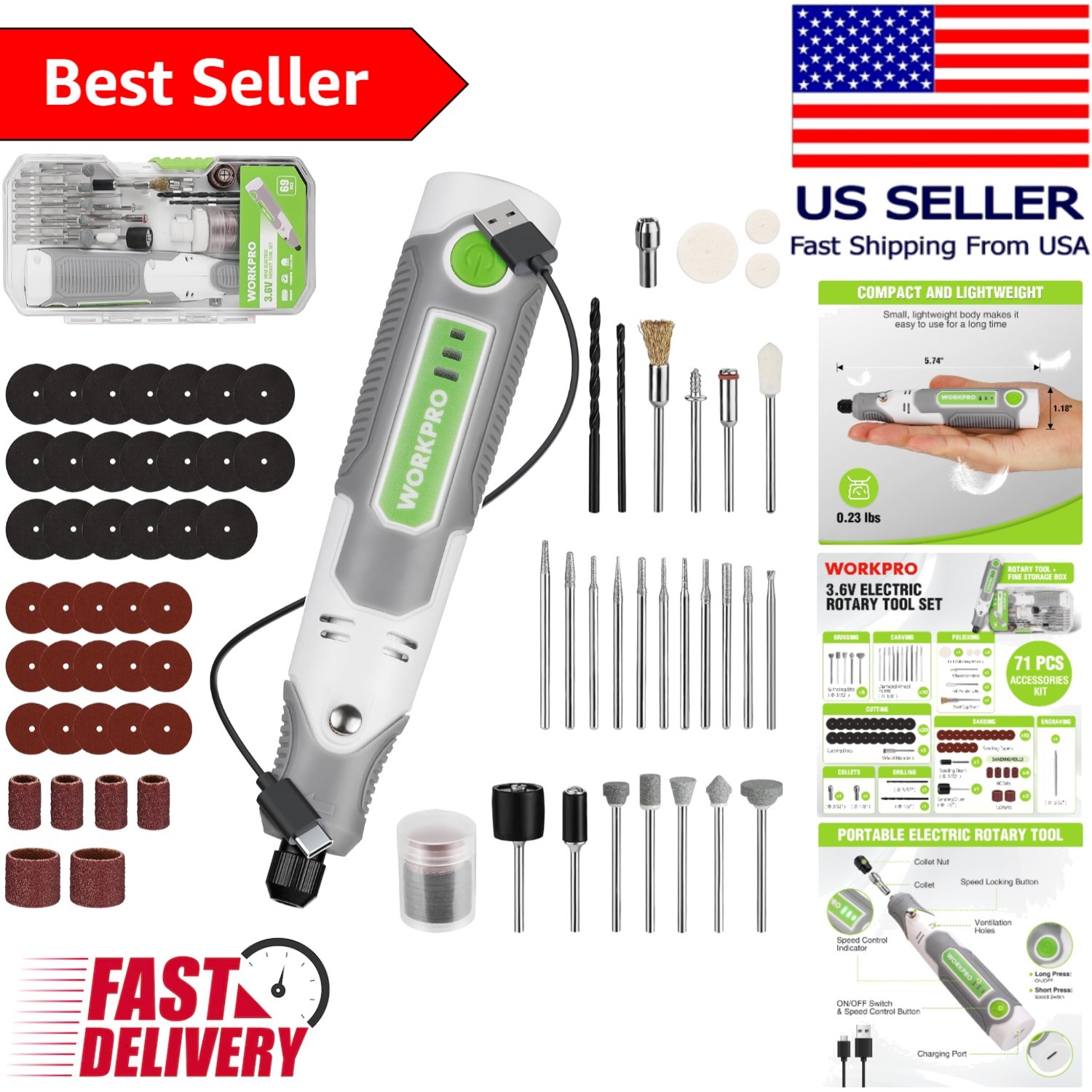 High-Speed Mini Rotary Tool – 3 Variable Speeds, 71 Accessories for Versatility
