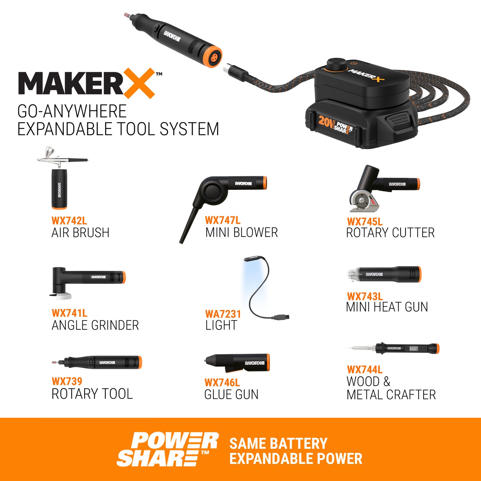 WX739L.9 Worx 20V MAKERX Rotary Tool Kit – Battery / Hub Not included