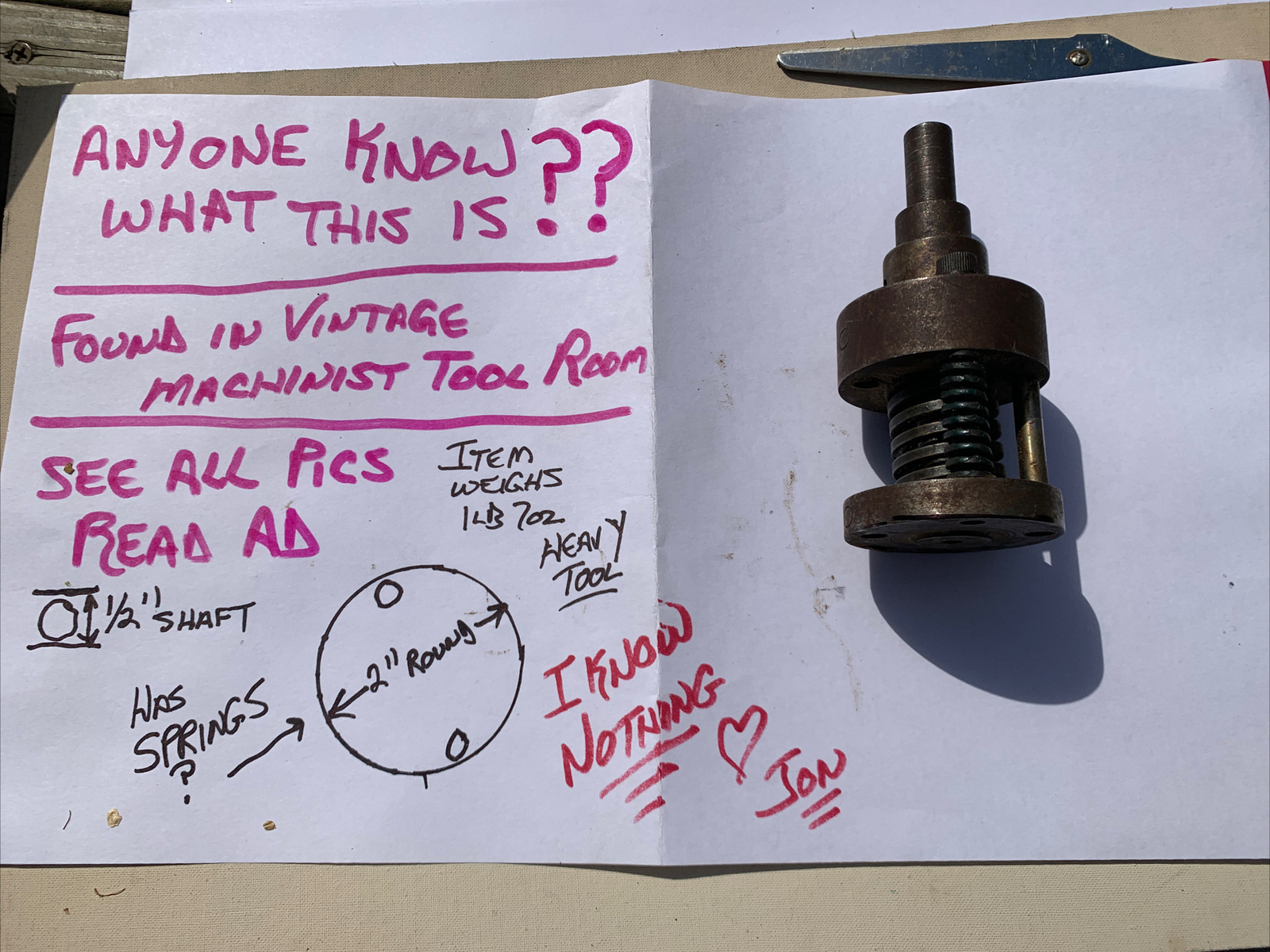 know nothing. selling machinist tool spacer spring 1/2” shaft part bit unknown