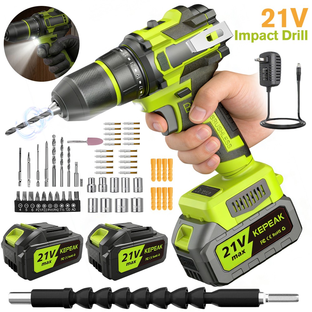 Cordless Brushless Impact Driver Hammer Drill Combo Kit with 2 Battery & Charger