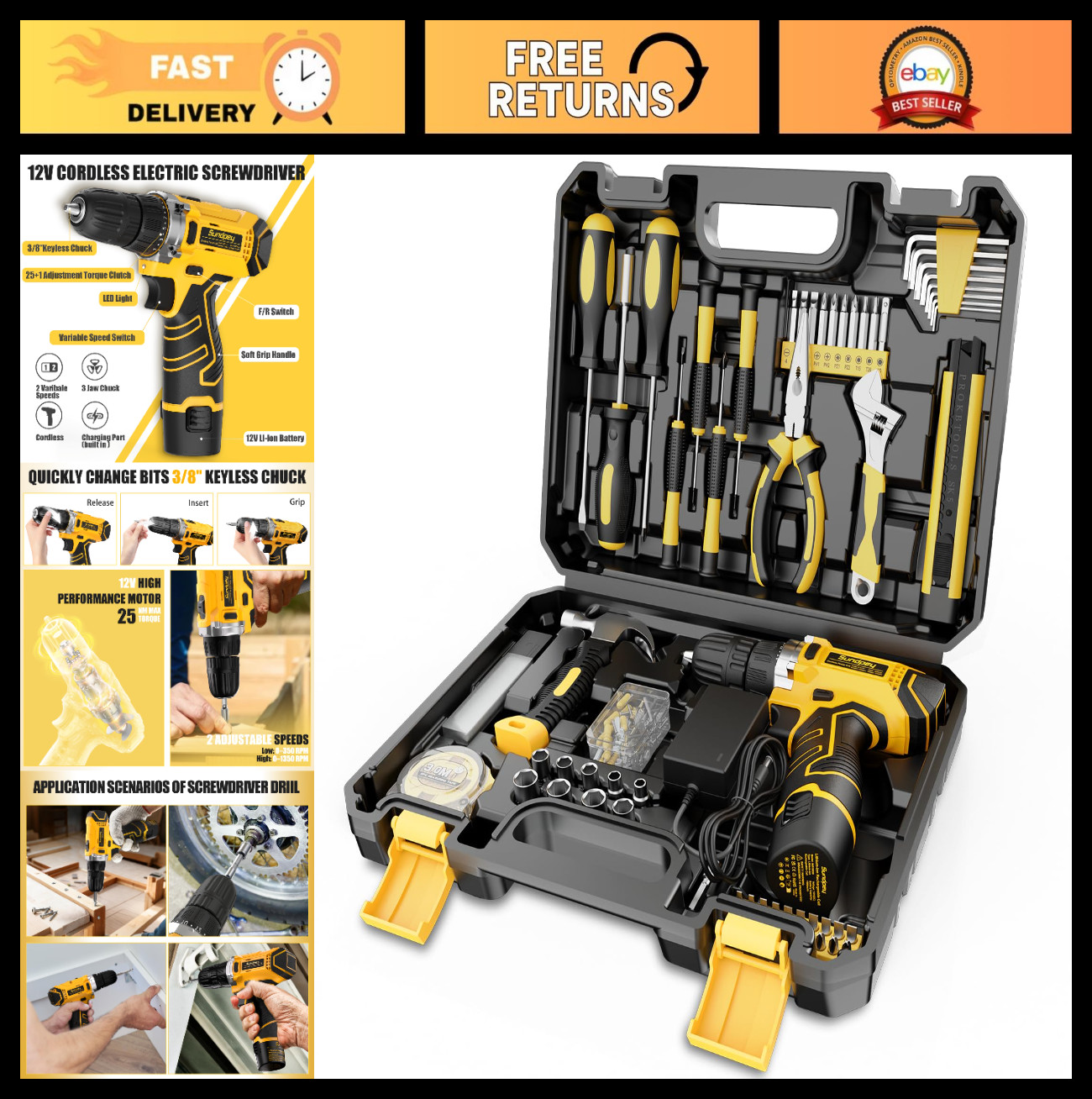 166-PC Home Tool Kit with 12V Cordless Drill, Portable Toolbox, Wrench & Pliers