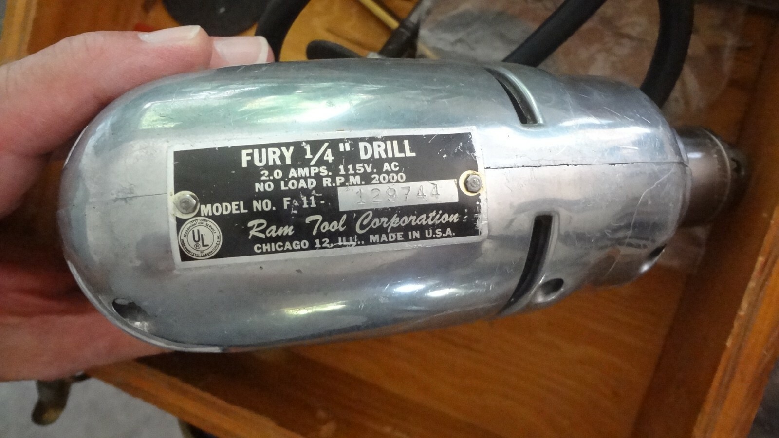 FURY 1/4&Prime; DRILL 2.0 AMPS 115 V. AC NO LOAD R.P.M. 2000 MODEL NO. F-11/ RAM TOOL
