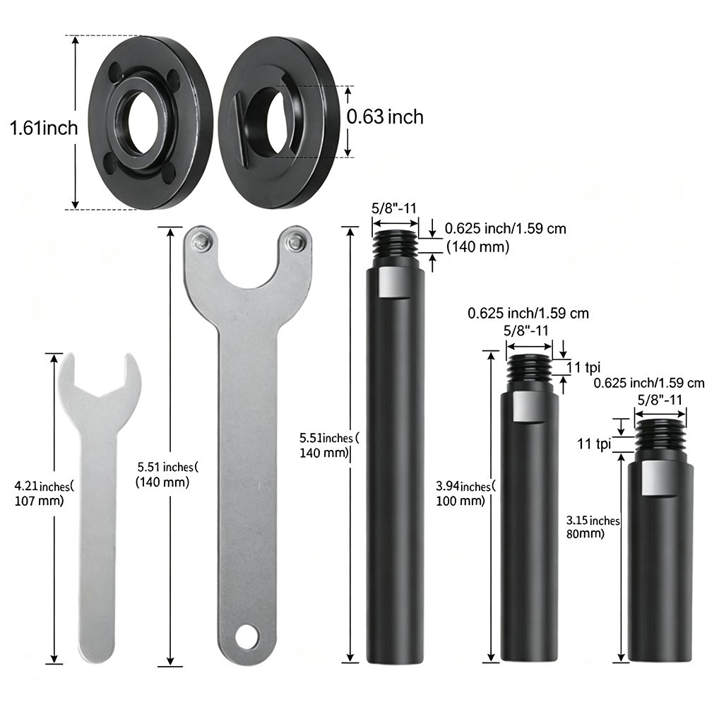 5/8in-11 Extension Rod Set for Angle Grinders 3 Lengths 3.15 to 5.51 in