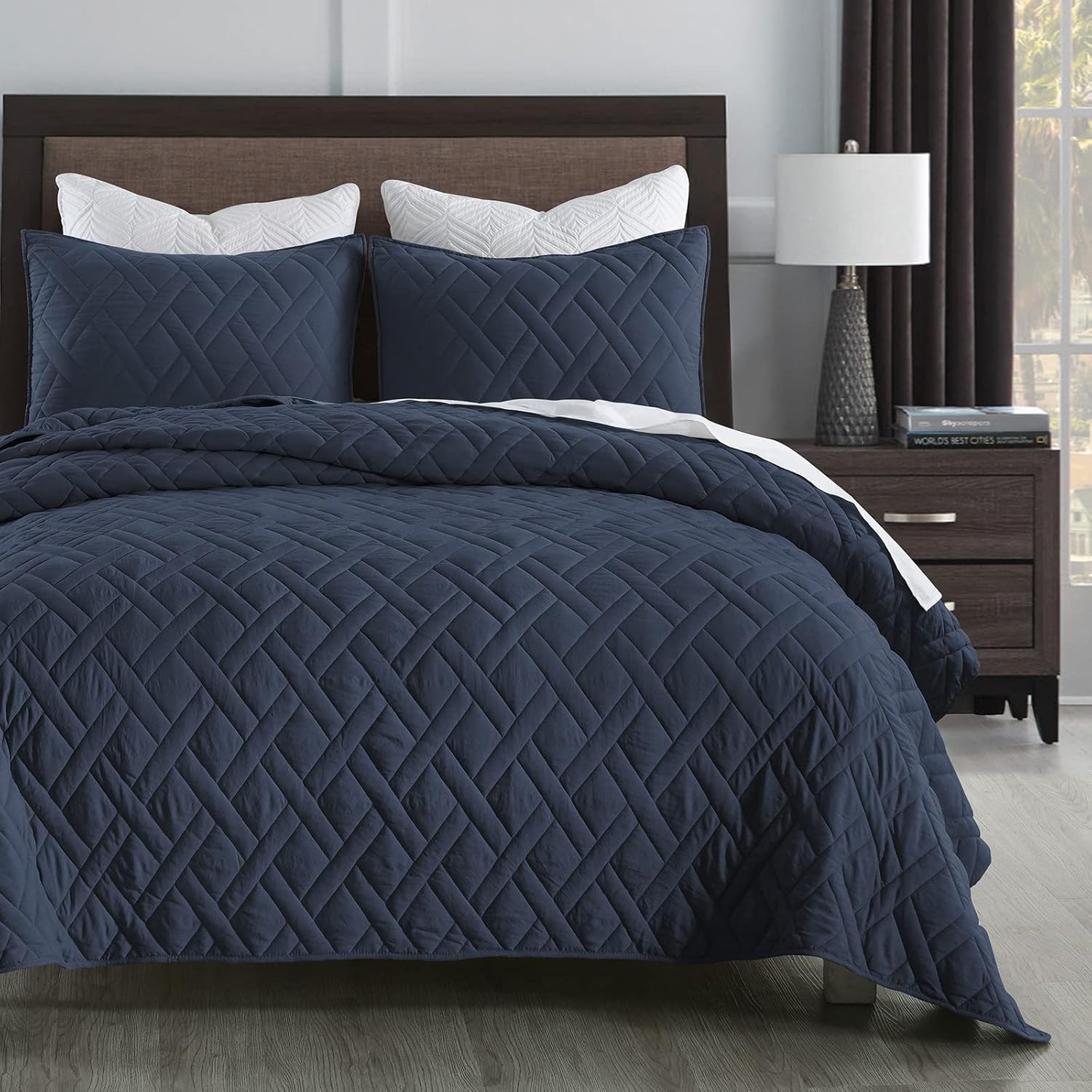 Quilt Set King Size Navy Blue, Classic Geometric Diamond Stitched Pattern, Ultra