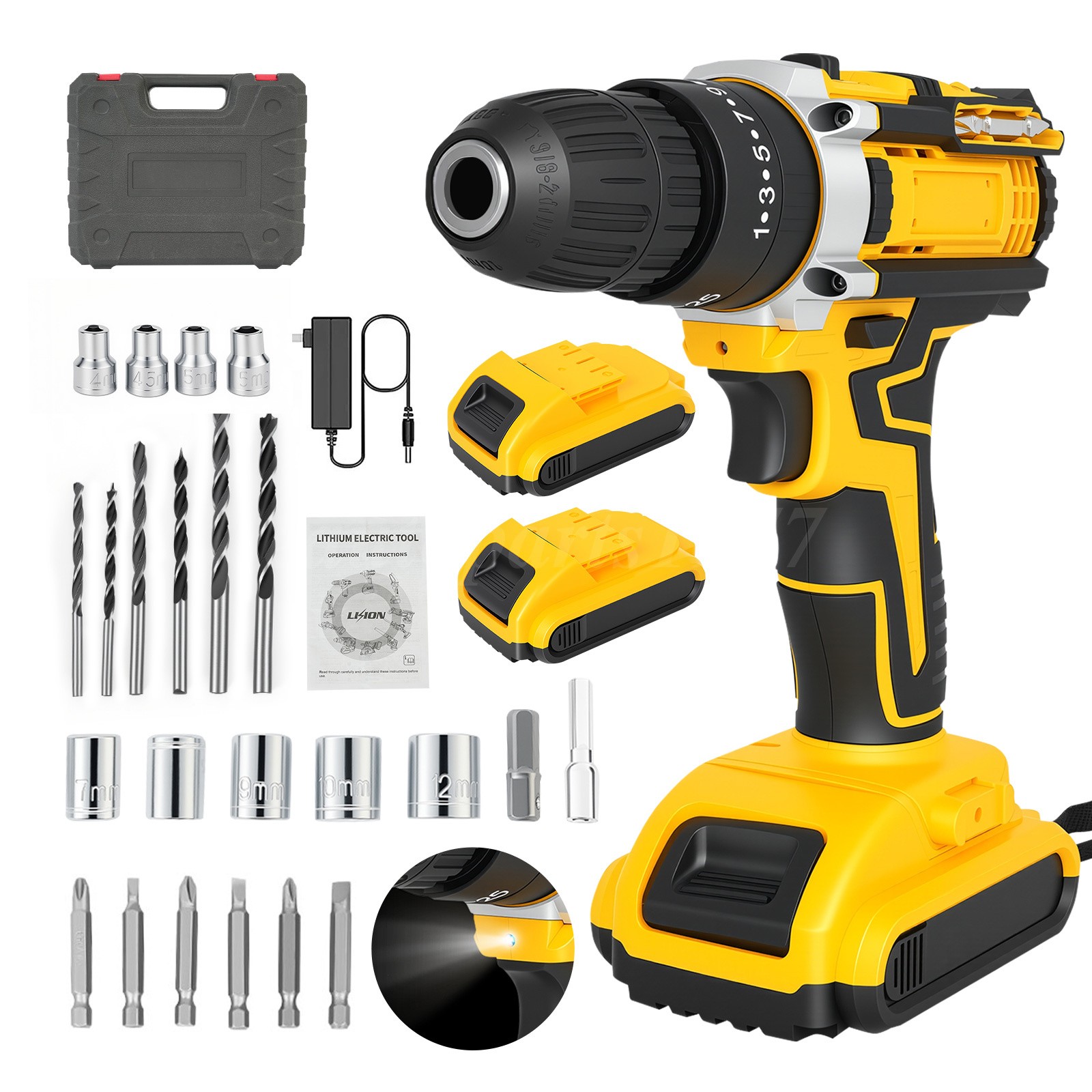 Cordless Impact Drill Brushless Hammer Driver Combo Kit with 2 Battery & Charger