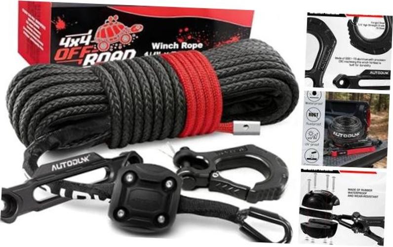 Synthetic Winch Rope – 1/4&Prime; x 50ft 10,000LBS 1/4&Prime; rope with 6&Prime; fairlead Black