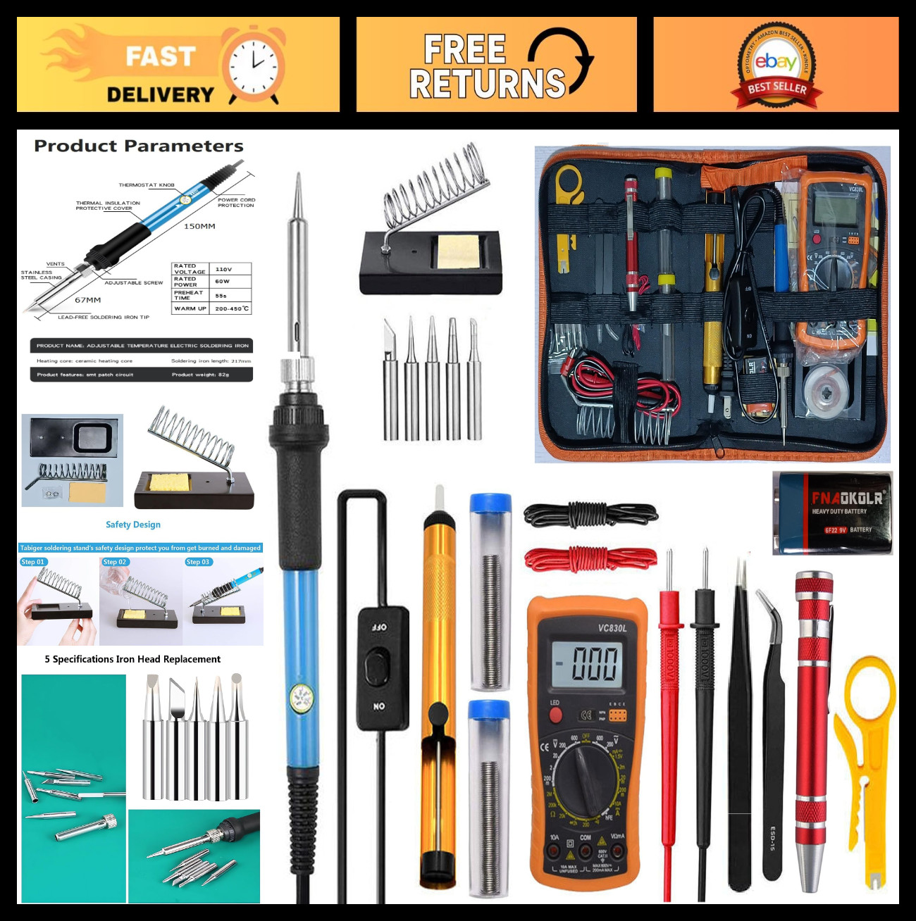 Soldering Iron Kit with Digital Multimeter, Voltage Tester, Adjustable Temp, AC/