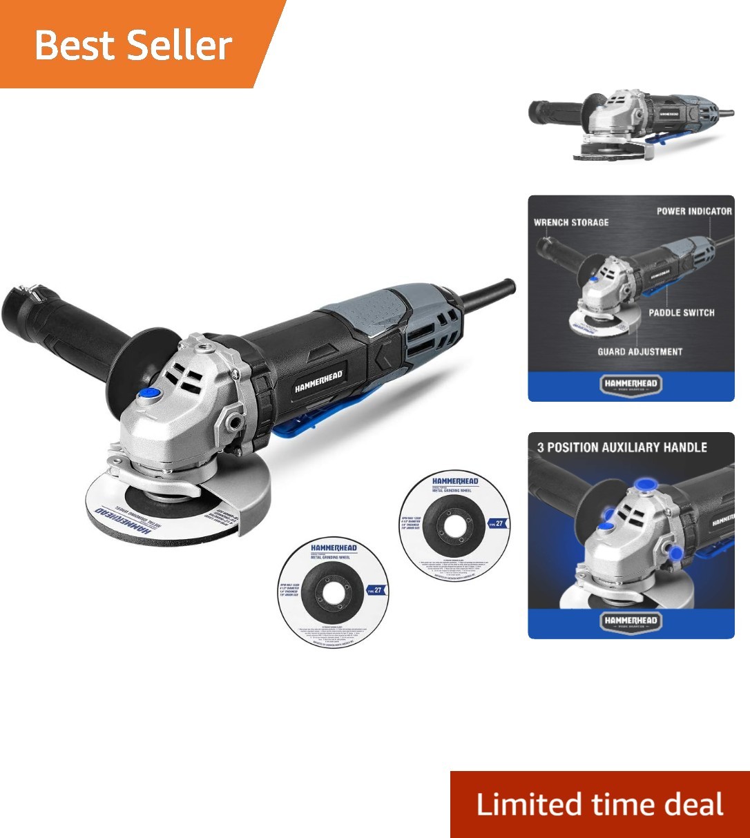 6-Amp 4-1/2 Inch Angle Grinder with 3 Grinding Wheels – Versatile Power Tool
